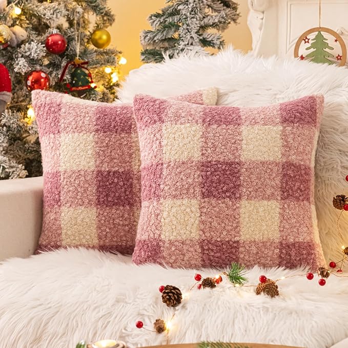AQOTHES Purple White Plaid Winter Throw Pillow Covers 18x18 Inch Set of 2, Boucle Faux Fur Pillow Covers,Cozy Fluffy Home Living Room Farmhouse Decor for Sofa Couch Bed