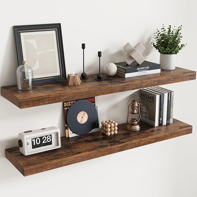 Floating Shelves for Wall with Invisible Brackets, Wall Mounted Engineered Wood Shelves with Wood Grain for Living Room, Bathroom, Kitchen Decor and Storage, Oak, 48"L Set of 2, Rustic Brown