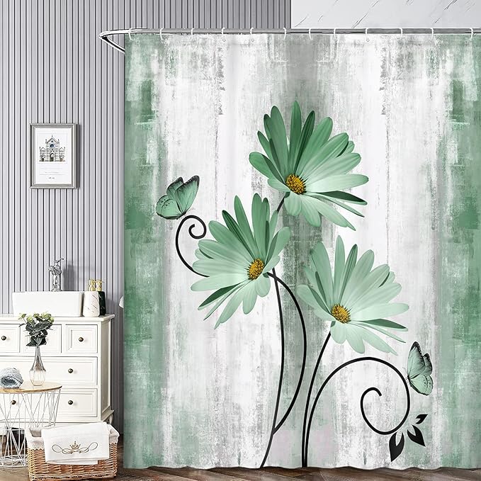 Rustic Farmhouse Shower Curtain, Farm Sage Green Daisy Floral Flowers and Butterfly on Country Wooden Shower Curtain for Bathroom, Turquoise Teal Gray Grey Shower Curtain with 12PCS Hooks, 60X70IN