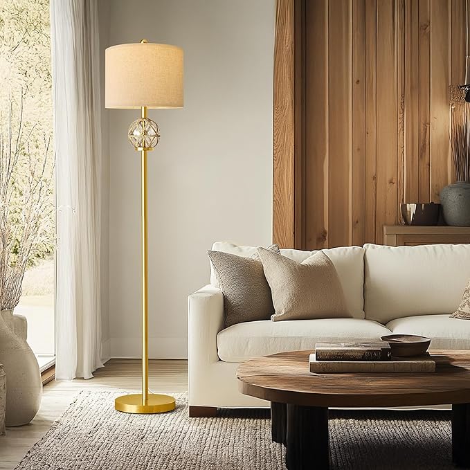Oneach 61.5" Modern Floor Lamp for Living Room, Gold Boho Standing Lamp with Rattan Glass Design, Rotary Switch, Farmhouse Tall Lamps for Bedroom Office Dining Room (Without Bulb)