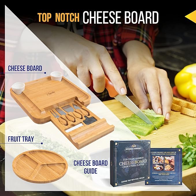 AYEEKO Bamboo Cheese Board & Knife Set, Wooden Charcuterie Board & Tray, House Warming Gift for Holidays, Birthdays, Bridal Showers, Anniversaries & Weddings