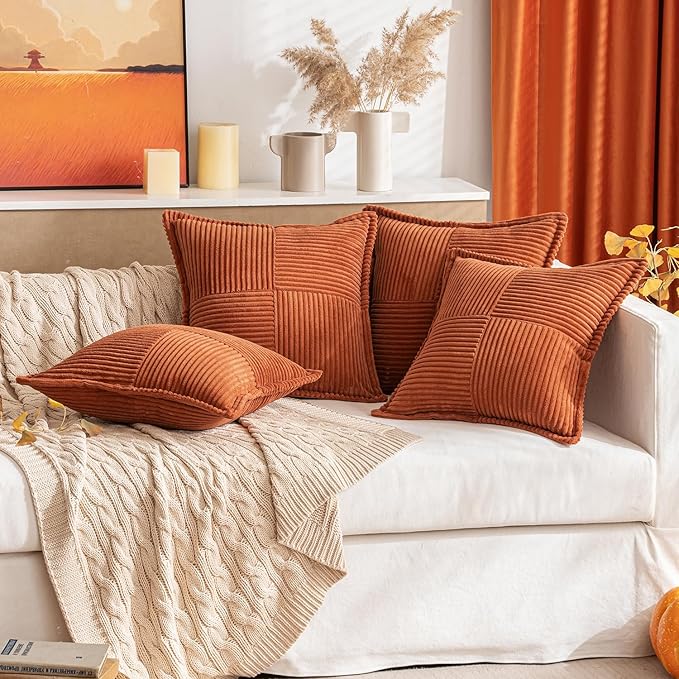 MIULEE Rust Fall Decorative Throw Pillow Covers for Couch Bed Livingroom 20x20 Inch Set of 2 Boho Accent Throw Pllows Broadside Striped Patchwork Soft Corduroy Pillowcases