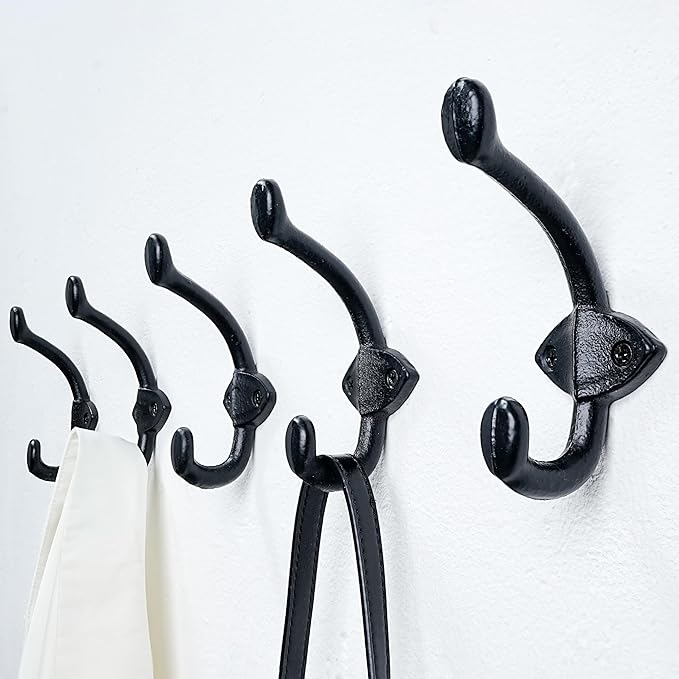SKOLOO Black Wall Hooks Heavy Duty - Farmhouse Style Cast Iron Hooks, Pack of 5 - Ideal for Backpack, Coat, and Towel Hooks - Perfect for Entryway, Mud Room, and Bathroom Storage