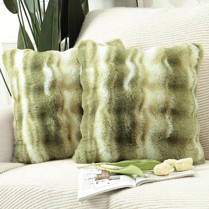 MADIZZ Pack of 2 Thick Plush Wool Throw Pillow Covers 20x20 Inch Green Soft Neutral Decorative Throw Pillows Accent Boho Cushion Covers for Couch Sofa Bedroom Pillow Shell
