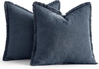 EMEMA Linen Fringe Throw Pillow Covers Set of 2 Boho Farmhouse Accent Decorative Pillowcase with Tassels for Couch Sofa Bed Living Room Home Decor 22x22 Inch,Indigo Blue