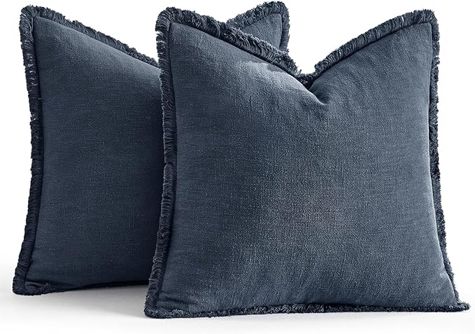 EMEMA Linen Fringe Throw Pillow Covers Set of 2 Boho Farmhouse Accent Decorative Pillowcase with Tassels for Couch Sofa Bed Living Room Home Decor 26x26 Inch,Indigo Blue