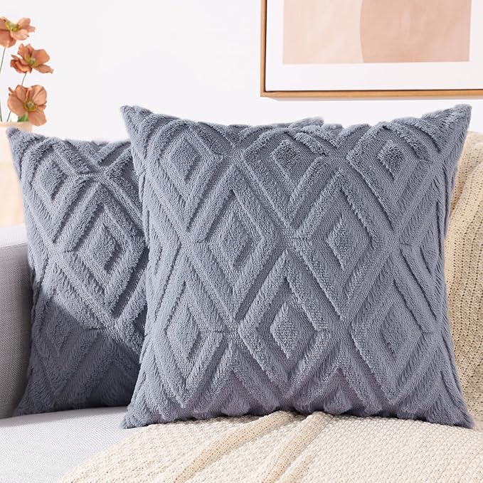 decorUhome Couch Throw Pillow Covers 22x22 Set of 2, Decorative Soft Plush Faux Wool Neutral Accent Pillow Covers for Bed Sofa Living Room, Blue Grey