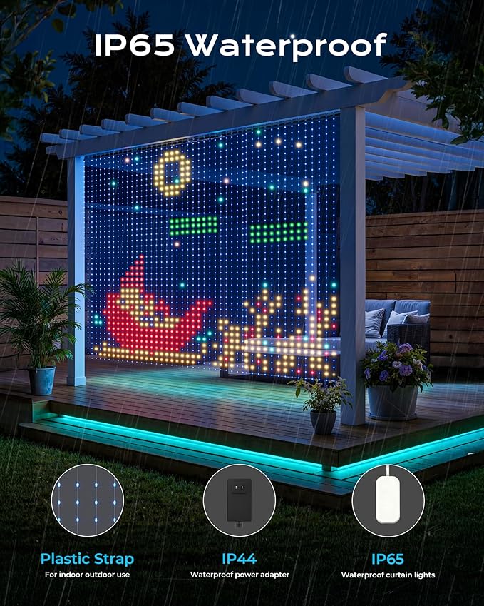1600 RGBIC LEDs Smart Curtain Lights with DIY GIF, 6.6x6.6ft Color Changing Christmas Wall Lightss with APP, IP65 Waterproof String Fairy Lightss for Indoor Outdoor Bedroom Window Garage