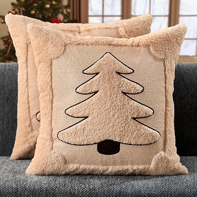 DFXSZ Christmas Pillow Covers 20x20 Beige Big Christmas Tree Decoration Soft Plush Faux Fur Jacquard Throw Pillows for Bedroom Sofa Holiday Festivals Winter Home Decor PTK068C20