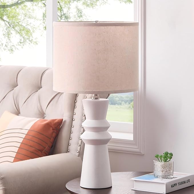 24.75 Inch White Ceramic Table Lamp Set of 2 with Oatmeal Fabric Shade, 3-Way Dimmable Tall Modern Lamp for Living Room, Bedroom, Office Desk & Nightstand