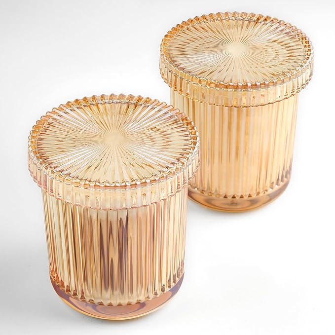 Bathroom Storage Organizer - 2 Pack Glass Qtip Holder Dispenser, Vanity Organizer, Bathroom Essentials Decor Canister for Cotton Swabs, Cotton Balls, Pads, Floss Picks (Amber)