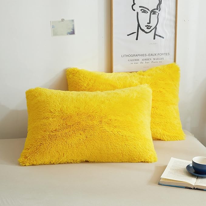 XeGe Faux Fur Fluffy Throw Pillowcases, Plush Shaggy Soft Furry Pillow Covers, Fuzzy Decorative Pillow Cases, Velvet Pillow Shams for Bed Couch Sofa Zipper Closure, Set of 2 (Standard, Yellow)