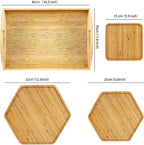Bamboo Serving Trays Dinner Plates Cheese Board 16.5"x11.8"（42x30cm with Handle, Set Includes 1xHexagon 12.5"(32cm)+1xHexagon 9.8"(25cm)+1xSquare 5.9"(15cm) Plates for Family Dinner
