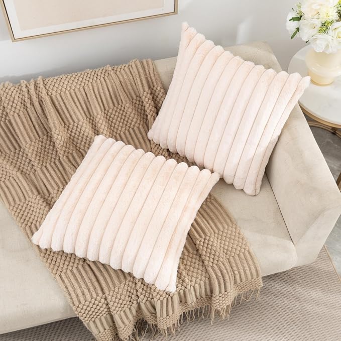 ZLINA Set of 2 Beige Faux Fur Decorative Throw Pillow Covers Fluffy Striped Pillowcase Cushion Covers 18 x18 Inch Decor Sofa Couch Bedroom