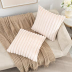 ZLINA Set of 2 Beige Faux Fur Decorative Throw Pillow Covers Fluffy Striped Pillowcase Cushion Covers 16 x 16 Inch Decor Sofa Couch Bedroom