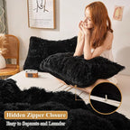 XeGe Faux Fur Throw Pillow Cases Plush Shaggy Ultra Soft Pillow Cover Fluffy Crystal Velvet Decorative Pillowcases Zipper Closure,Set of 2 (Standard, Black)