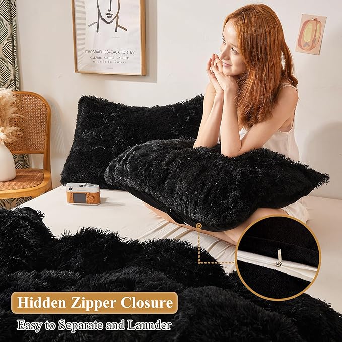 XeGe Faux Fur Throw Pillow Cases Plush Shaggy Ultra Soft Pillow Cover Fluffy Crystal Velvet Decorative Pillowcases Zipper Closure,Set of 2 (Standard, Black)