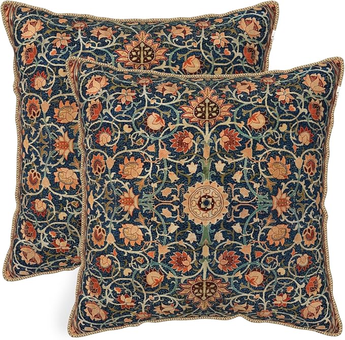 Vintage Floral Soft Velvet Throw Pillow Covers Set of 2 Burnt Orange Navy Flowers Plant Decorative Pillow Covers 16x16 Inch Art Botanical Pillow Case For Sofa Couch Outdoor Farmhouse Home Decor