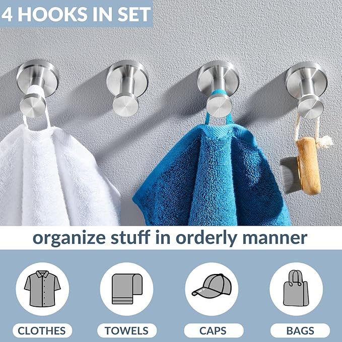 APLusee Brushed Nickel Hand Towel Hook, 4 Pack 304 Stainless Steel Storage Coat Hook, Bathroom Accessories Wall Mounted