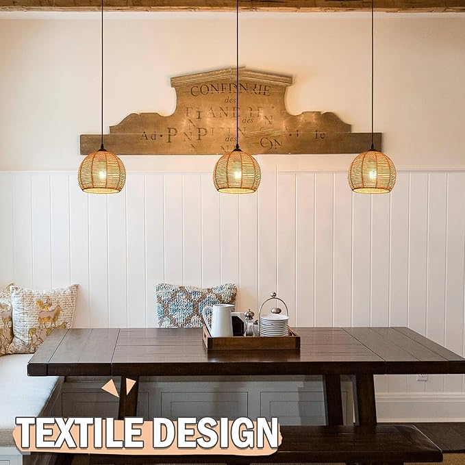 3 Pack Wicker Pendant Light Natural Woven Pendant Light Boho Chandelier Light Fixture Dome Rustic Farmhouse Pendant Lights Rattan Light Fixture for Dining Room Kitchen Island (Bulb Incl.)