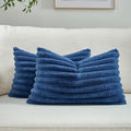 FUTEI Navy Blue Striped Decorative Throw Pillow Covers 12x20 Inch Set of 2,Rectangle Winter Decorations Couch Lumbar Pillowcase,Soft Cozy Faux Rabbit Fur & Velvet Back,Modern Home Decor for Bed