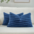 FUTEI Navy Blue Striped Decorative Throw Pillow Covers 12x20 Inch Set of 2,Rectangle Winter Decorations Couch Lumbar Pillowcase,Soft Cozy Faux Rabbit Fur & Velvet Back,Modern Home Decor for Bed