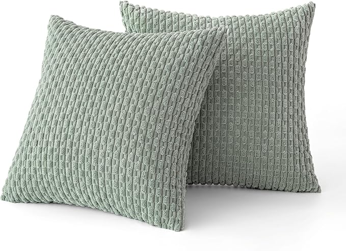 MIULEE Pack of 2 Decorative Throw Pillow Covers 16x16 Inch Soft Boho Striped Textured Corduroy Pillow Covers Modern Farmhouse Home Decor for Couch Bed Sofa Living Room Greyish Green