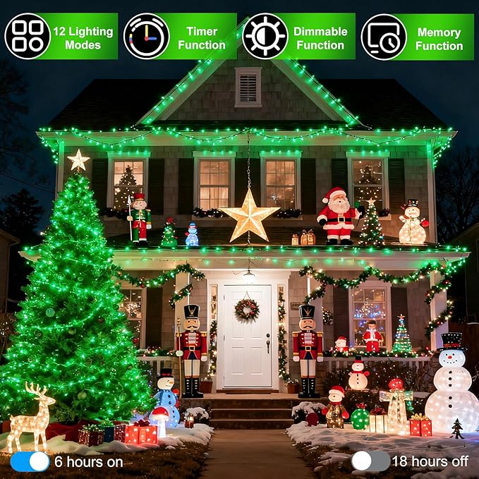 340 LED 90FT Christmas String Lights Outdoor, 12 Pro Modes and Timer Memory & Brightness, Plug in Outdoor Waterproof Clear Wire Twinkle Light for for Xmas Yard Tree Wedding Party Decor (Green)
