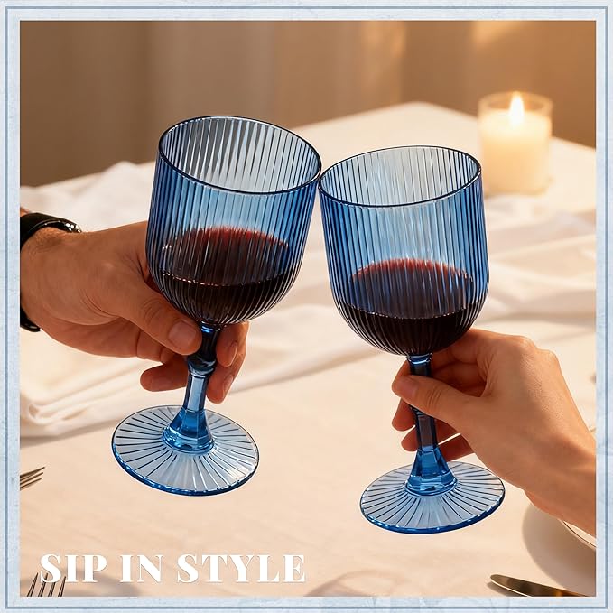 Plastic Wine Glasses 9oz Set of 24, Blue Ribbed Vintage Goblets Unbreakable Reusable BPA-Free Stemmed Drinking Glasses for Parties, Weddings & Events