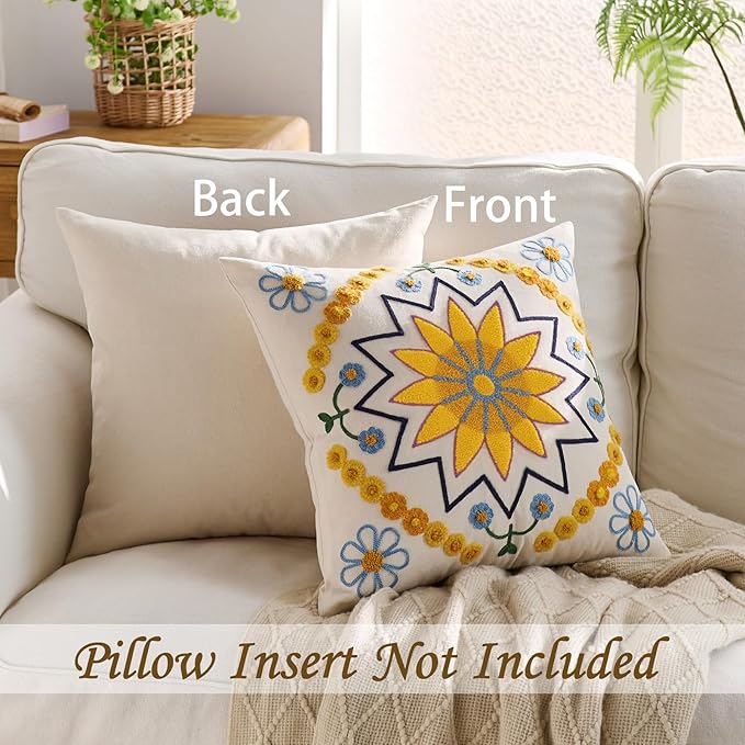Embroidered Throw Pillow Cover 20x20 Classic Boho Floral Pattern Pillows Cover Outdoor Decorative Pillowcase,Durable Cozy Textured Cushion Case for Sofa Couch Bed Living Room,Yellow