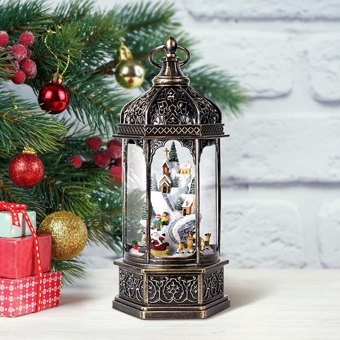 Christmas Snow Globes with Music,6H Timer Cylindrical Flashing Snow Ball,Bronze Musical Box Including 8 Songs,Glitter Snowflakes Lantern with Christmas Tree Xmas Snow Mountain Decor Gift