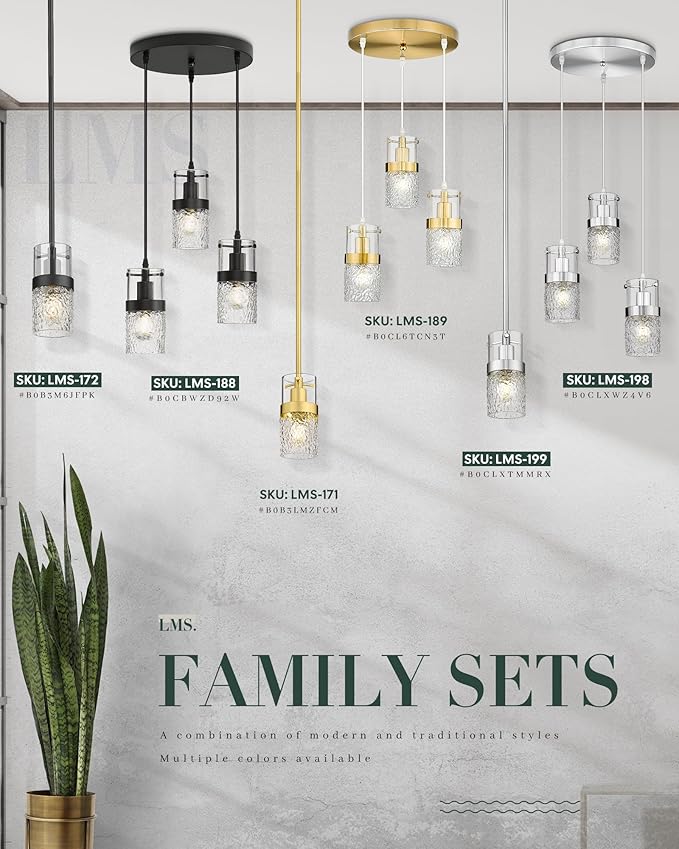 LMS Glass Pendant Lights Kitchen Island 2-Pack, Modern Black Pendant Light Set of 2 with Hammered Glass and Rods, Mini Hanging Lighting for Kitchen Island, Bathroom, Bedroom, LMS-201