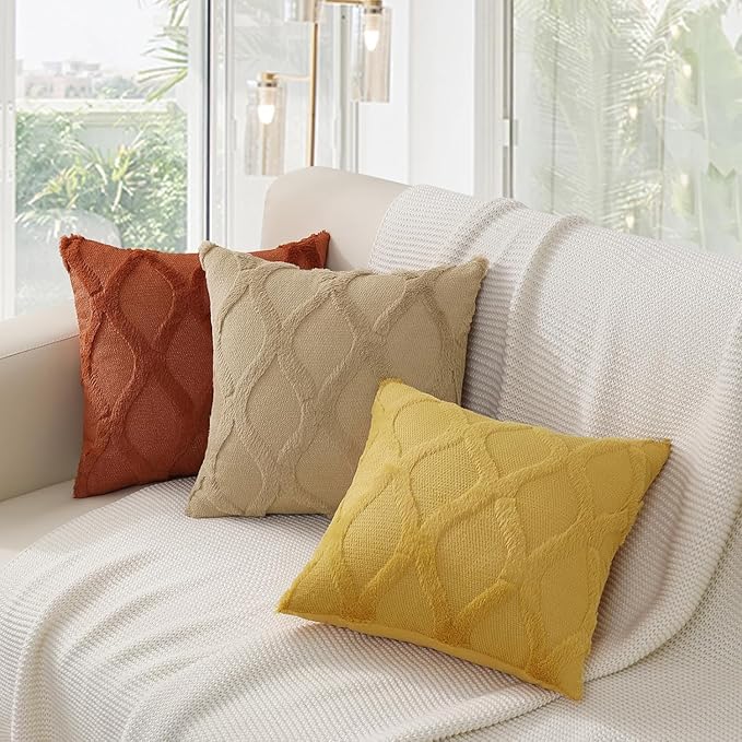 decorUhome Throw Pillow Covers 12x20 Inch Set of 2, Soft Plush Faux Fur Wool Lumbar Mustard Yellow Couch Pillow Covers, Decorative Neutral Pillow Cases for Bed Sofa Living Room Home Decor