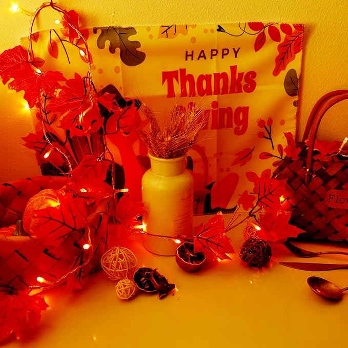 VCOKEN Fall Maple Leaf Garland - Outside Fall Decor with Battery Operated - Outdoor Decor Garlands with 24 Warm Lights for Home Holiday Autumn Garland Indoor Table Door