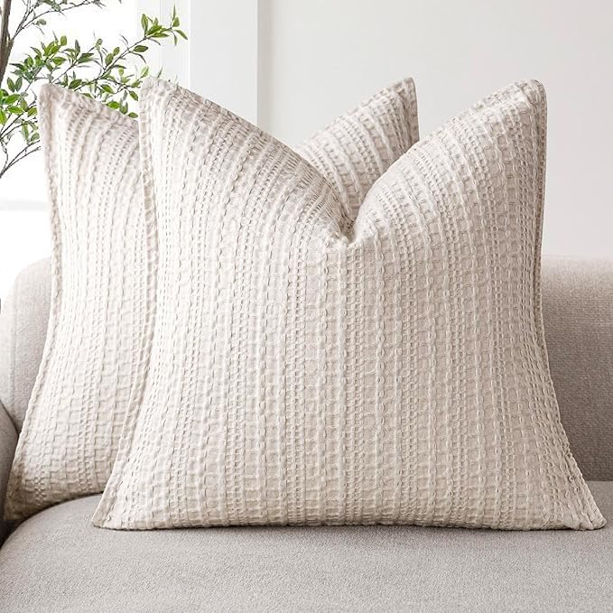 Foindtower Set of 2 Decorative Cotton Waffle Weave Textured Throw Pillow Covers Euro Sham Cushion Covers Accent European Pillowcase For Bed Couch Sofa Bedroom Living Room Home Decor 18×18 Inch Oatmeal