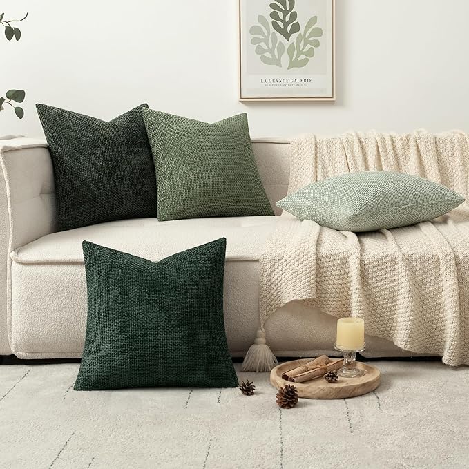 MIULEE Pack of 4 Christmas Couch Throw Pillow Covers 20x20 Inch Green Soft Decorative Chenille Pillow Covers Farmhouse Accent Cushion Covers for Boho Home Decor Sofa Bedroom Living Room