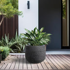 Kante 12.5" Dia Round Fluted Planter with Surface Indentations, Large Flower Pot with Drainage Hole for Indoor & Outdoor Plants, Black Finish with Warm Brown Interior