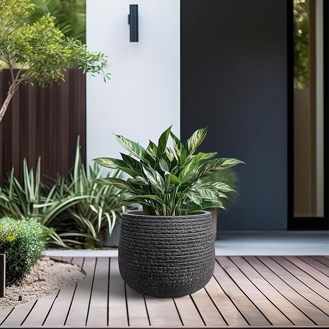 Kante 12.5" Dia Round Fluted Planter with Surface Indentations, Large Flower Pot with Drainage Hole for Indoor & Outdoor Plants, Black Finish with Warm Brown Interior