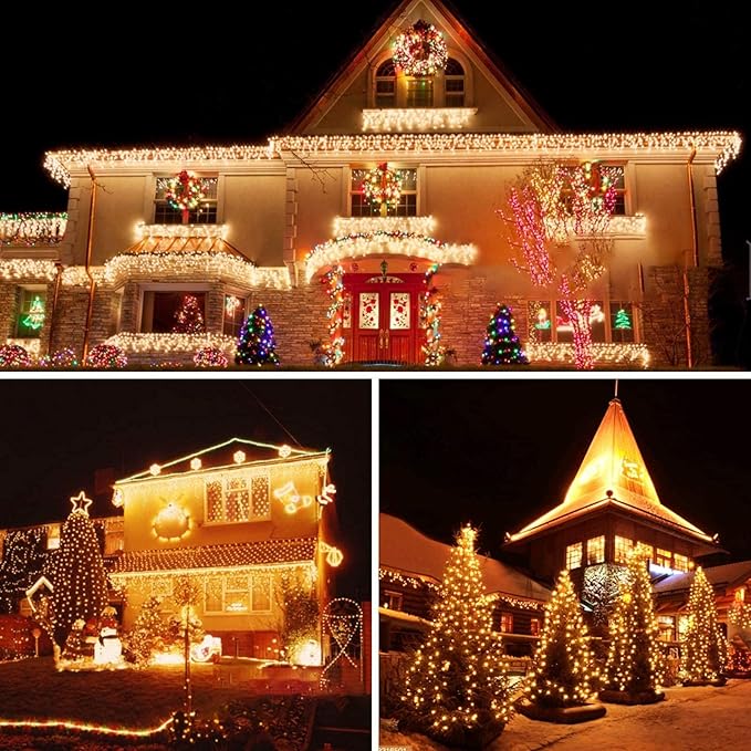 BHCLIGHT Extra-Long Connectable 99FT 240LED Christmas String Lights Outdoor/Indoor, Timer & Memory & 8 Modes, Warm White String Lights Waterproof Green Wire Tree Lights for Xmas Holiday Yard Party