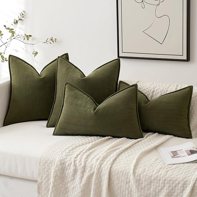 MIULEE Pack of 2 Olive Green Decorative Pillow Covers 18x18 Inch Soft Chenille Luxurious Couch Throw Pillows Farmhouse Cushion Covers with Elegant Design for Sofa Bedroom Living Room Home Decor