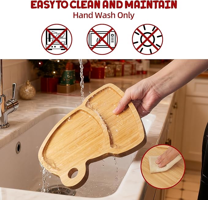 TJ POP Christmas Hat Bamboo Serving Platter - Santa Hat-Shaped Holiday Snack Tray with Hanging Hole, Natural Wood Appetizer Tray Charcuterie Board for Candy, Cookies, Party Decor (10” x 9”)