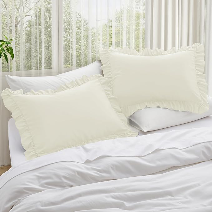 KKJIAF Ruffle Pillow Cases Queen Size Set of 2, Ruffled Pillow Covers with Envelope Closure, Wrinkle Resistant Ruffled Pillow Shams 20" x 30", Beige