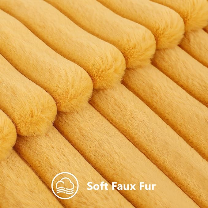 decorUhome Faux Fur Throw Pillow Covers 16x16 Set of 2, Decorative Soft Plush Striped Neutral Couch Euro Pillow Covers with Velvet Back for Sofa, Bed, Living Room Home Decor, Mustard Yellow