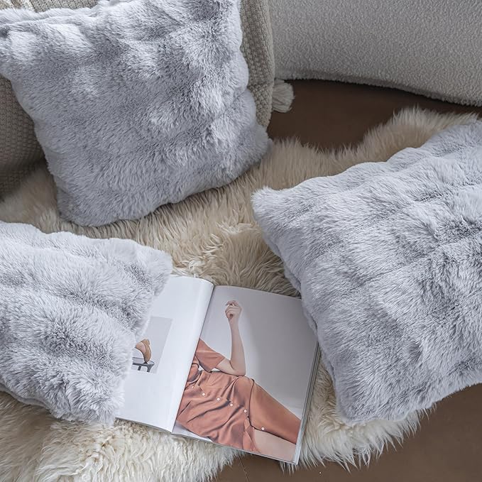Neelvin Gray Faux Fur Cozy Soft Double-Sided Decorative Throw Pillow Covers 12x20 inch Set of 2,Velvet Pillowcase Cushion Case for Sofa Couch