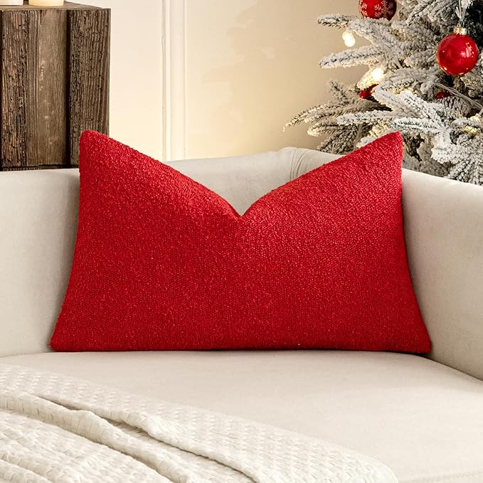 MIULEE Textured Boucle Throw Pillow Cover Christmas Red Accent Solid Lumbar Pillow Case Decorative Soft Pack of 1 Couch Cushion Chair Sofa Bedroom Livingroom Home Decor,12x20 Inch