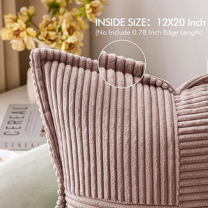 MIULEE Decorative Lumbar Throw Pillow Covers for Couch Bed Livingroom 12x20 Inch Set of 2 Blush Pink Boho Accent Throw Pllows Broadside Striped Patchwork Soft Corduroy Pillowcases