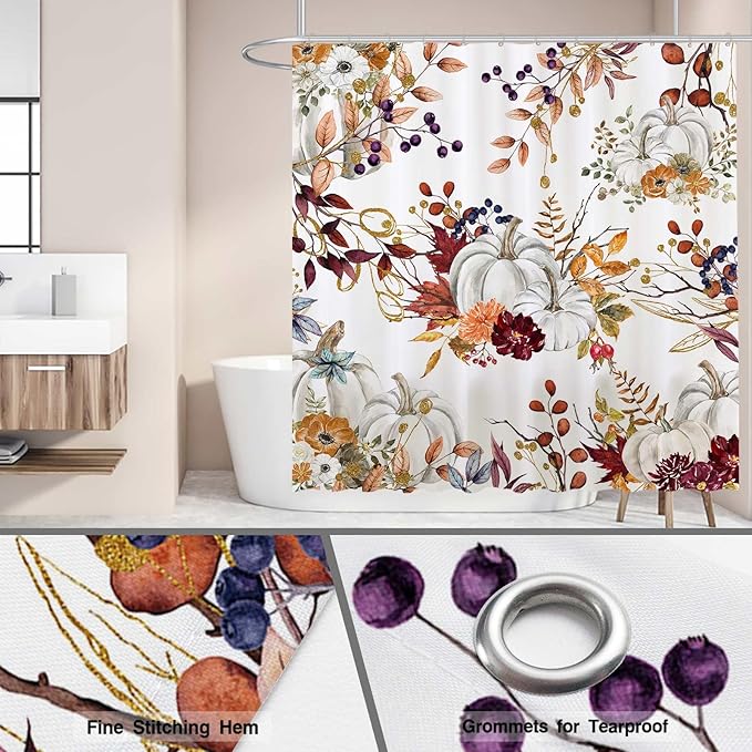 Funnytree 72"x72" Autumn Boho Pumpkins Watercolor Floral Leaves Rustic Fall Thanksgiving Harvest Farmhouse Shower Curtain for Bathroom Decor Machine Washable (Hooks Not Included)