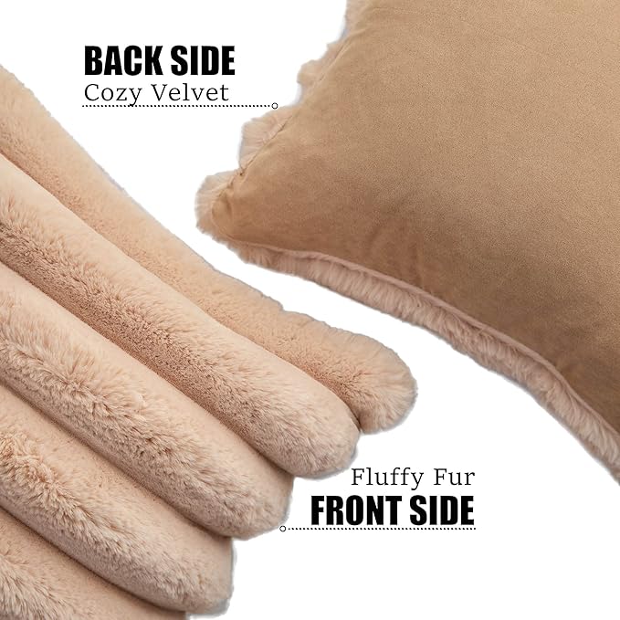 Neelvin Camel Faux Fur Cozy Soft Striped Decorative Throw Pillow Covers 12x20 inch Set of 2,Velvet Pillowcase Cushion Case for Sofa Couch