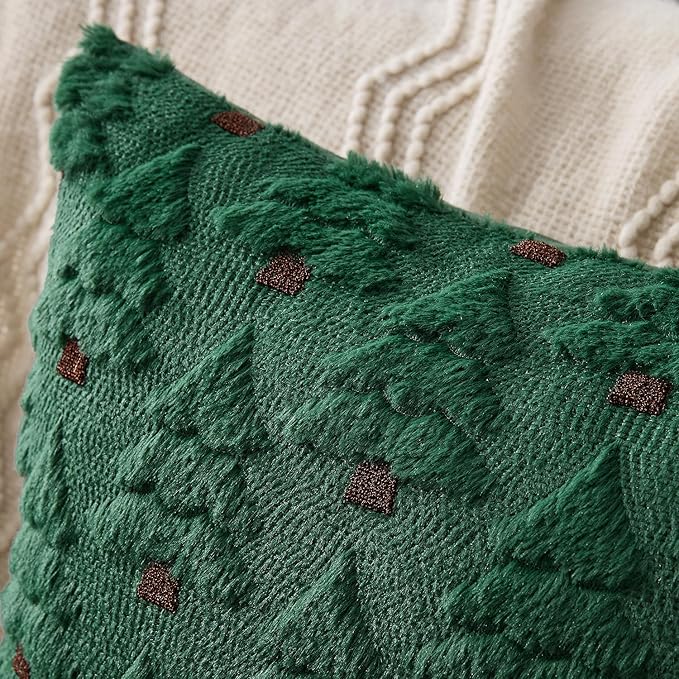 MIULEE Christmas Tree Decorative Pillow Covers Faux Fur Wool Throw Pillows Soft Plush Cushion Covers Set of 2 Xmas Home Decor Winter Holiday for Sofa Couch Livingroom Bed 12x20 Inch Dark Green