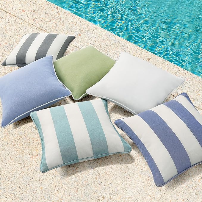 Decorative Outdoor Water Repellent Throw Pillows with Inserts, Set of 4, 18" x18" Pillows for Patio, Backyard, Bed, Couch, and Patio Furniture, Gray Stripe
